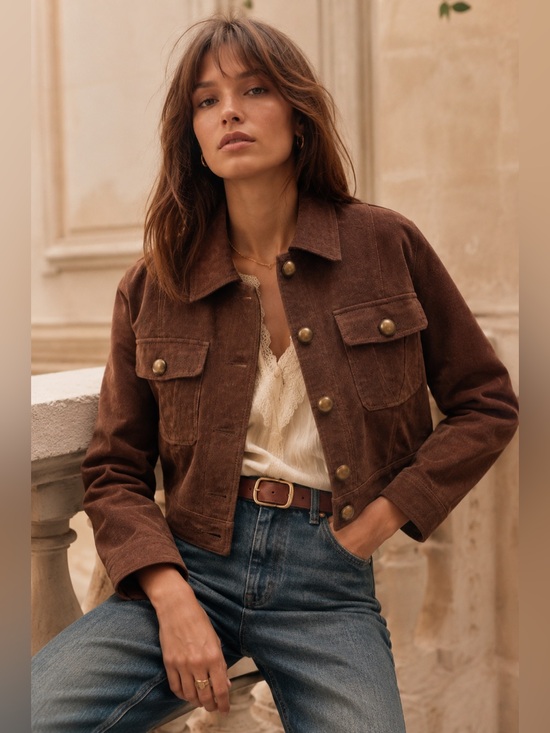 Sezane Jackets & Blazers - Brown Suede Leather Crop Brass Button Jacket Large